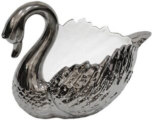 The Swan fruit bowl is platinum with white