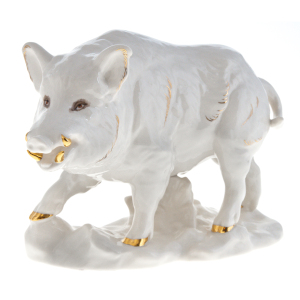 Porcelain figurine "Wild Boar" white in gold