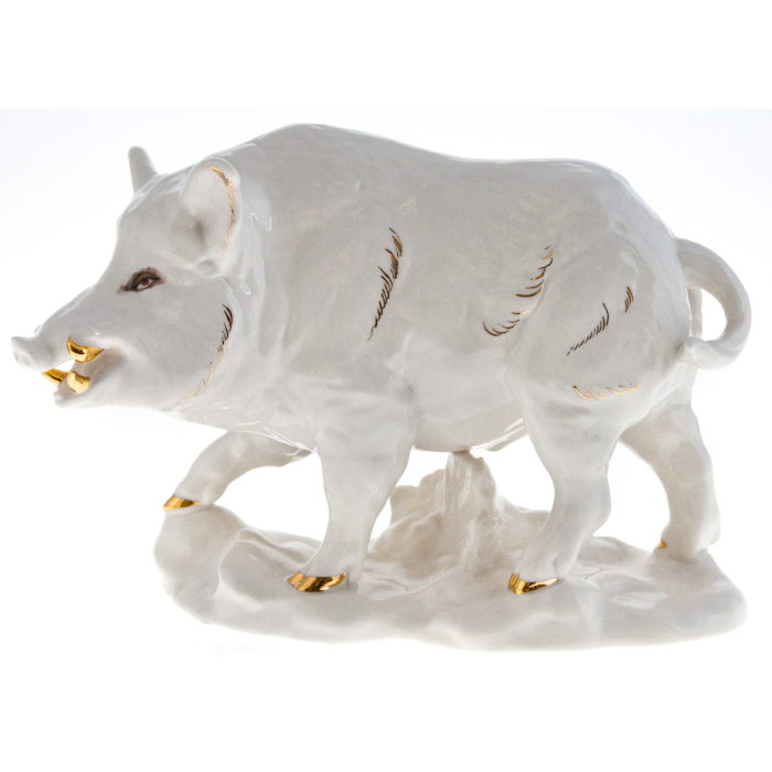 Porcelain figurine "Wild Boar" white in gold