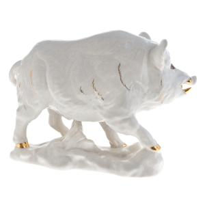 Porcelain figurine "Wild Boar" white in gold