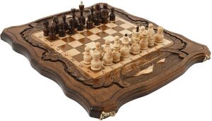 Carved chess, backgammon and checkers from beech "Mountain peaks" small