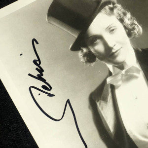 An autographed photo of actress Marlene Dietrich