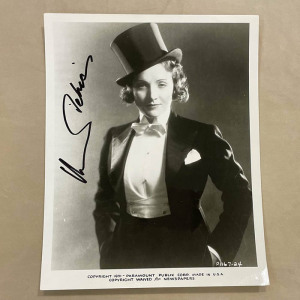 An autographed photo of actress Marlene Dietrich