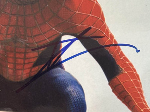 A photo from the movie "Spider-Man" signed by actor Tom Holland