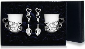 Set of silver coffee cups "Heart" for 2 persons, with spoons