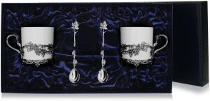 Set of silver coffee cups "Grapes" for 2 persons, with spoons