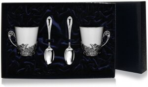 Set of silver coffee cups "Capercaillie" for 2 persons, with spoons