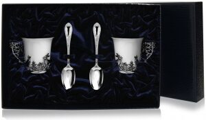 Set of silver coffee cups "Hares" for 2 persons, with spoons