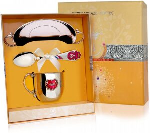 A set of children's silver CD "Heart" (3 items, with a mug and saucer)