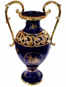 Flower vase, with handles, blue, decorated with patterns