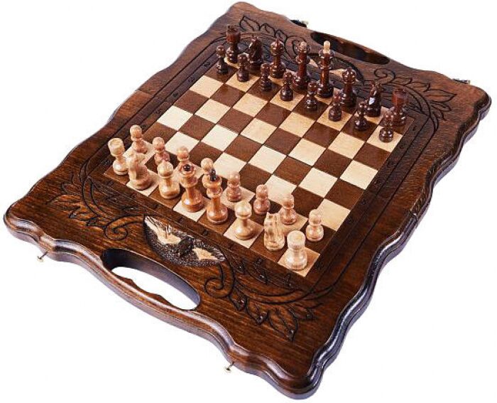 Игровой набор резной "Горные вершины" мини (шахматы, нарды и шашки) с ручкой