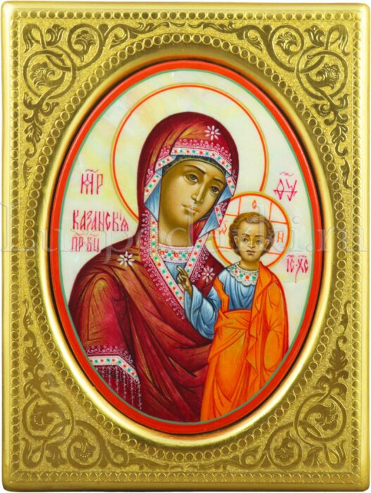 Mother of Pearl icon "Our Lady of Kazan" in a gold frame