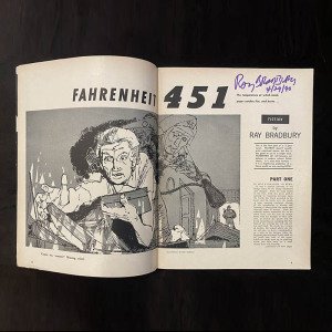 Playboy magazine with two autographs by writer Ray Bradbury on the cover and on page 3.