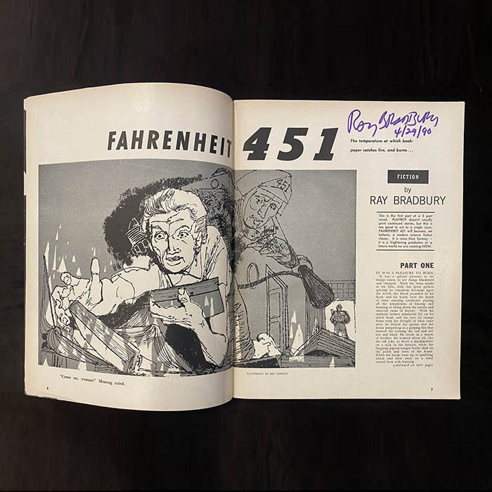 Playboy magazine with two autographs by writer Ray Bradbury on the cover and on page 3.