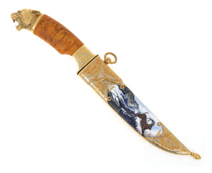 Нож с эмалями "Снежный барс. Охота" дамаск, Златоуст