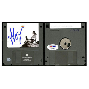 A floppy disk signed by Steve Wozniak, gray with a white sticker