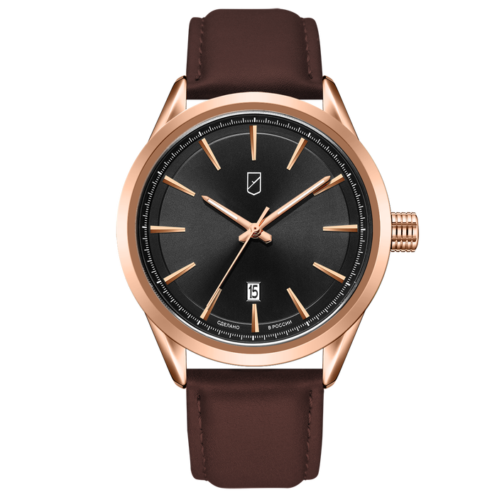 Quartz wrist watch UCHZ "Spectr" black and gold with brown strap