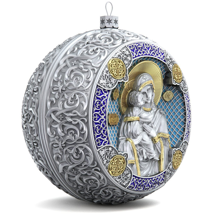 Set of 2 silver Christmas tree balls "Our Lady of Vladimir and the Savior"