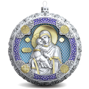 Set of 2 silver Christmas tree balls "Our Lady of Vladimir and the Savior"