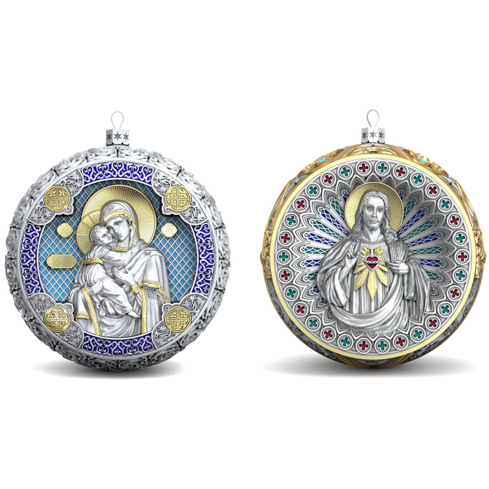 Set of 2 silver Christmas tree balls "Our Lady of Vladimir and the Savior"