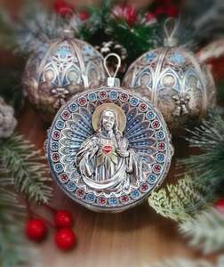 Set of 2 silver Christmas tree balls "Our Lady of Vladimir and the Savior"