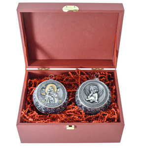 Set of 2 silver Christmas tree balls "Angel and Our Lady of Vladimir"