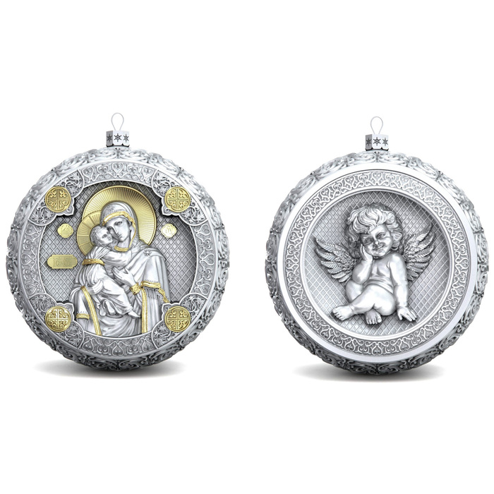 Set of 2 silver Christmas tree balls "Angel and Our Lady of Vladimir"