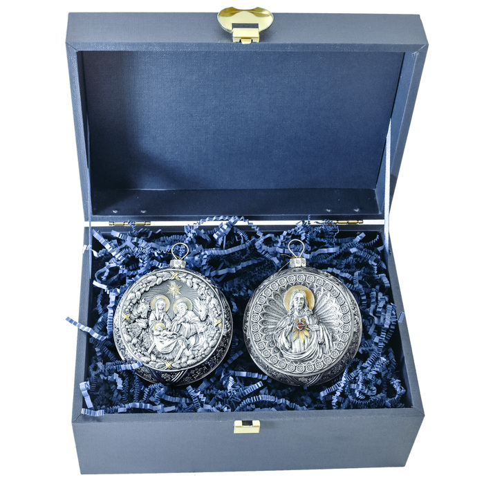 Set of 2 silver Christmas balls "Christmas and Savior"