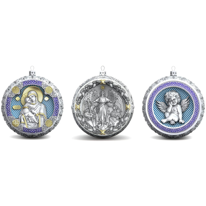 Set of 3 silver Christmas tree balls "Angel, Angel Phenomenon and the Virgin of Vladimir"