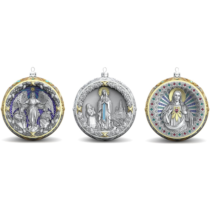 Set of 3 silver Christmas tree balls "The appearance of an angel, the Savior and the Madonna"