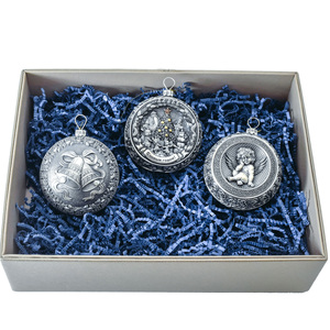 Set of 3 silver Christmas balls "Angel, Bells and a Happy childhood"