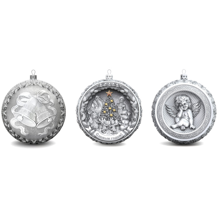 Set of 3 silver Christmas balls "Angel, Bells and a Happy childhood"