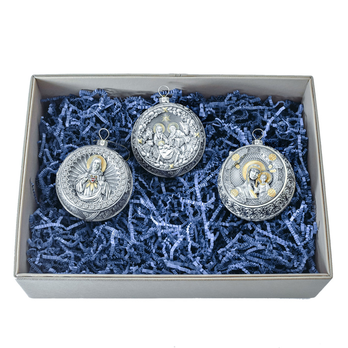 Set of 3 silver Christmas balls "Savior, Rozhdestvensky and the Kazan Mother of God"