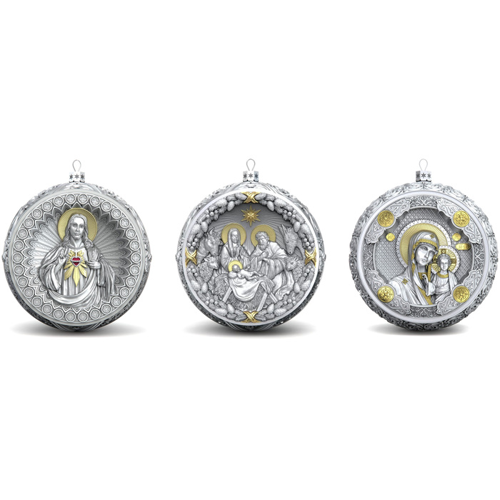 Set of 3 silver Christmas balls "Savior, Rozhdestvensky and the Kazan Mother of God"