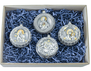 Set of 4 silver Christmas tree balls "Rozhdestvensky, Saviour, Our Lady of Kazan, Vladimirskaya"