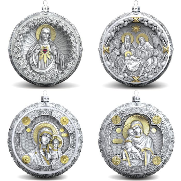 Set of 4 silver Christmas tree balls "Rozhdestvensky, Saviour, Our Lady of Kazan, Vladimirskaya"