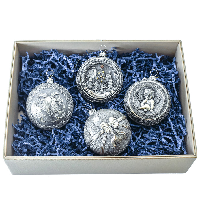 Set of 4 silver Christmas balls "Angel, Bells, Winter Fairy tale and Happy childhood"