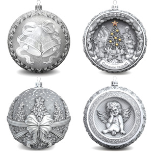 Set of 4 silver Christmas balls "Angel, Bells, Winter Fairy tale and Happy childhood"