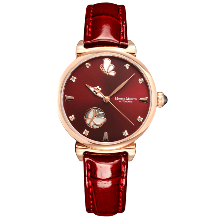 Наручные механические часы с автоподзаводом Mikhail Moskvin "Elegance" золотисто-красные с красным ремешком