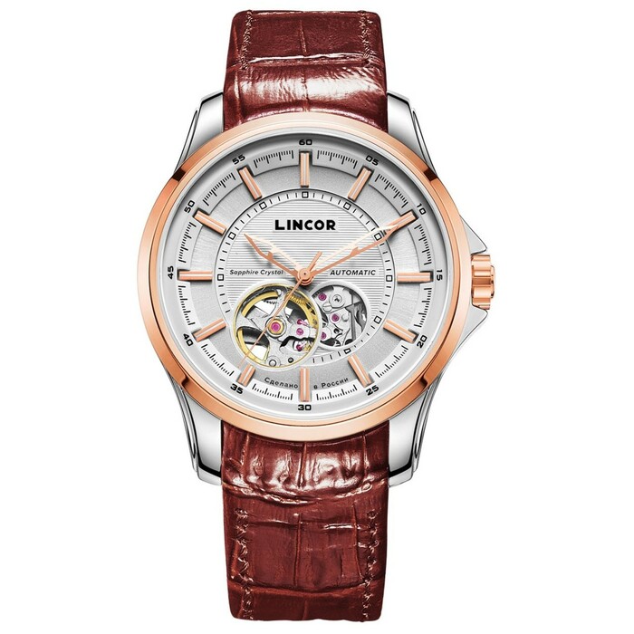 Lincor UNI Self-winding Mechanical Wristwatch Silver-gold with Brown Strap