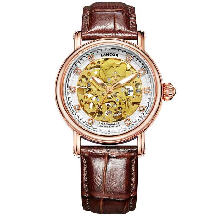 Lincor UNI Self-winding Mechanical Wristwatch in white and gold with a brown strap