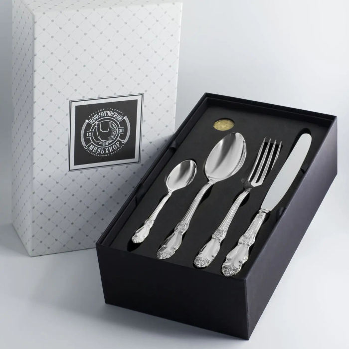 Посеребренный столовый набор "Серебряная Роза": вилка, ложка, нож, чайная ложка