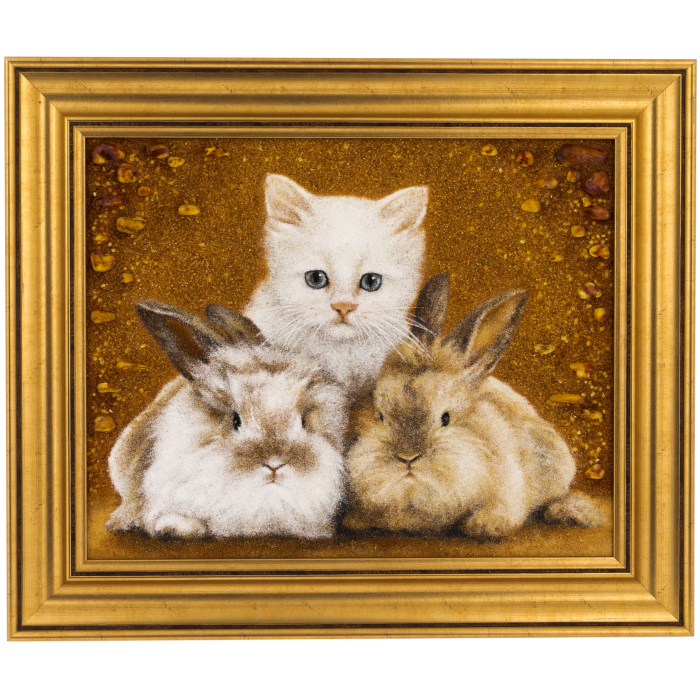 Картина из янтаря "Котик с кроликами"