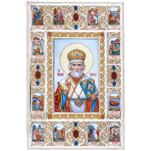 Серебряная икона с финифтью "Святой Николай Чудотворец"