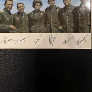 A set of postcards with autographs of Soviet cosmonauts Yuri Gagarin, German Titov, Andriyan Nikolaev and others