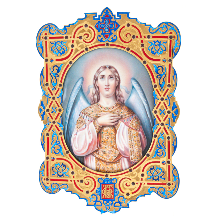 Икона "Ангел-хранитель" в резном окладе (финифть)