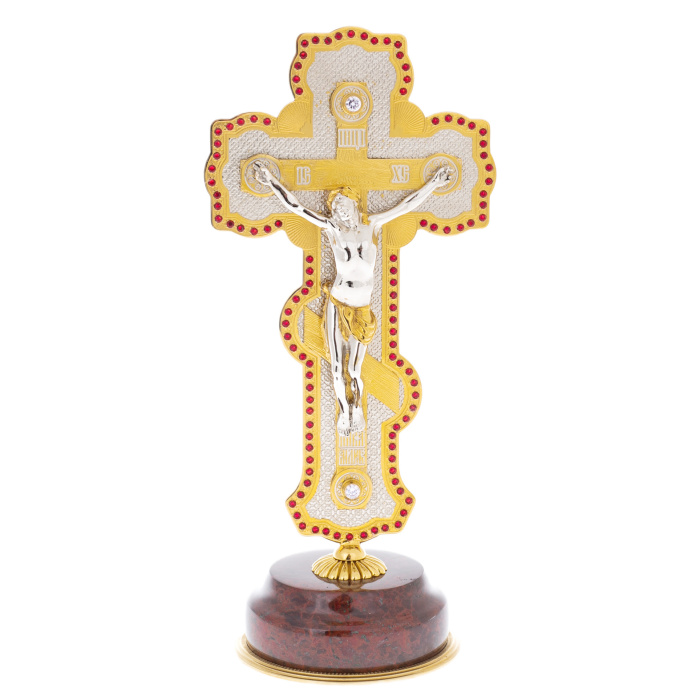 Крест на подставке "Иисус Христос" с фианитом, Златоуст