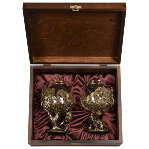 Set for cognac "Lion/Lioness" for 2 persons, in a wooden box