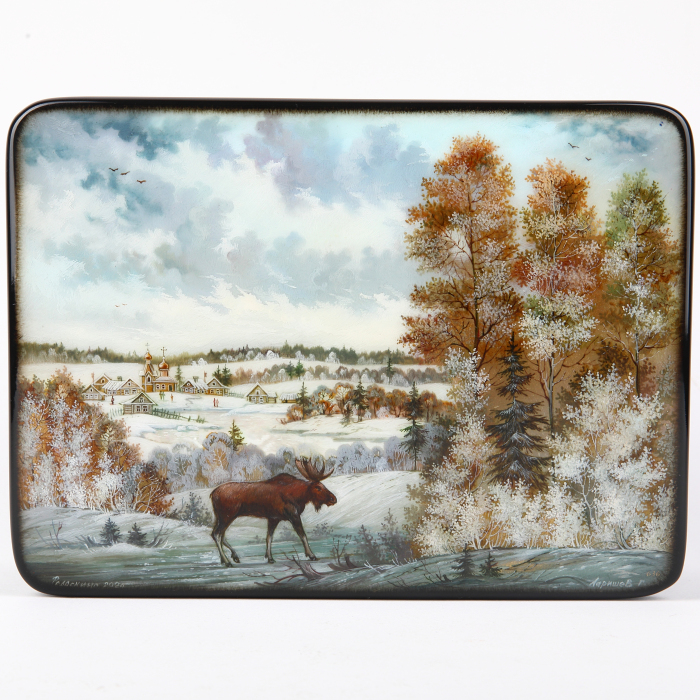 Box "Landscape with moose" Larishev, Fedoskino