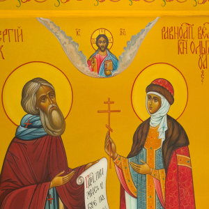 Wooden icon "Sergei Radonezhsky and Princess Olga" by Khokhloma